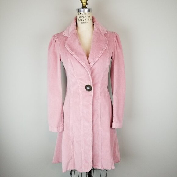 Vintage 1990's Bisou Bisou Pink Velvet Fitted Collared Puff Sleeve Long Coat * M - Picture 2 of 13